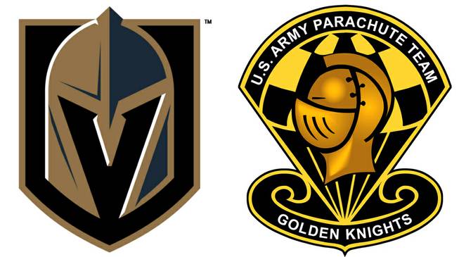 This combination photo shows the logos of the Vegas Golden Knights hockey team and the U.S. Army's Golden Knights parachute team.