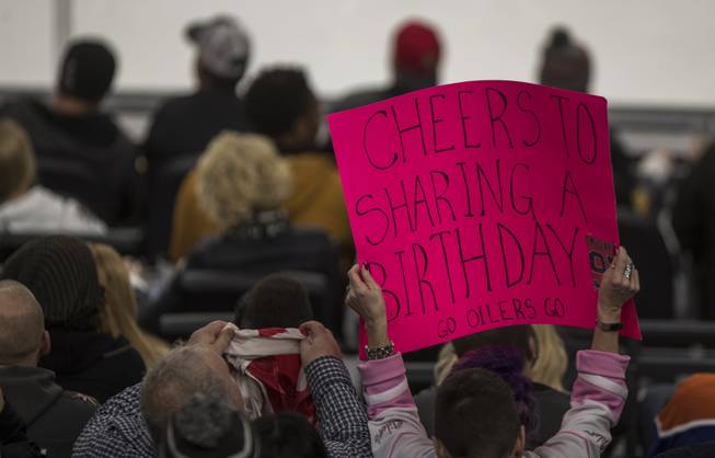 An Edmonton Oiler's fan gets a birthday gift as the beat the Vegas Golden Knights 3-2 in overtime during their game at the T-Mobile Arena on Saturday, Jan. 13, 2018.