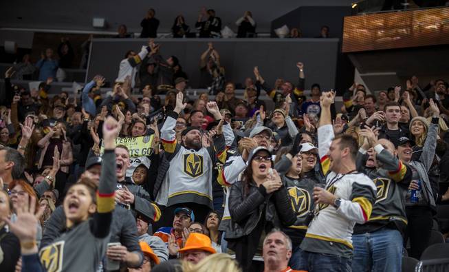 Vegas Golden Knights fans celebrate another goal over the Edmonton Oilers during their game at the T-Mobile Arena on Saturday, Jan. 13, 2018.