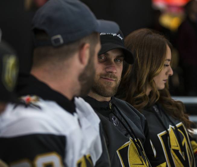 Bryce Harper joins others in the stands to watch the Vegas Golden Knights battle the Edmonton Oilers during their game at the T-Mobile Arena on Saturday, Jan. 13, 2018.  L.E. Baskow