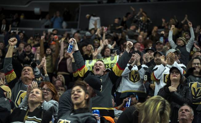 Vegas Golden Knights fans are excited as they score again over the Edmonton Oilers during their game at the T-Mobile Arena on Saturday, Jan. 13, 2018.  L.E. Baskow