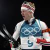 Johannes Thingnes Boe, of Norway, reacts to his time in the finish area during the men's 20-kilometer individual biathlon at the 2018 Winter Olympics in Pyeongchang, South Korea, Thursday, Feb. 15, 2018.