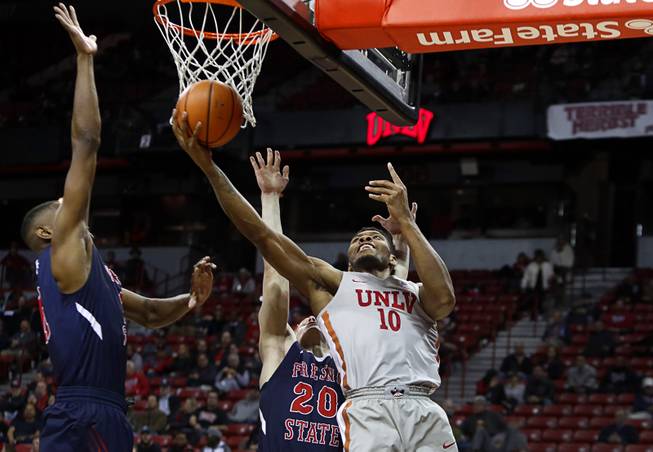UNLV Rebels forward Shakur Juiston (10) lays up the ball during a game against the Fresno State Bulldogs at the Thomas & Mack Center Wednesday, Feb. 21, 2018.