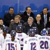 The first lady Kim Jung-sook, left, South Korean President Moon Jae-in, IOC president Thomas Bach, North Korea's nominal head of state Kim Yong Nam and Kim Yo Jong, sister of North Korean leader Kim Jong Un, greet players after the preliminary round of the women's hockey game between Switzerland and the combined Koreas at the 2018 Winter Olympics in Gangneung, South Korea, Saturday, Feb. 10, 2018. 