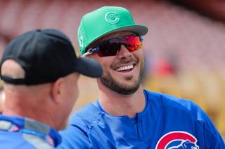 Cubs infielder Kris Bryant (17) chats with fans prior to the Chicago Cubs vs Cleveland Indians game at Cashman Field, Saturday, Mar. 17, 2018. Chicago went on to defeat Cleveland 11-4.