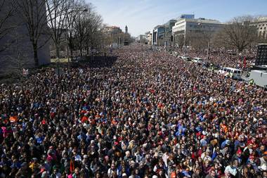 Looking west, people fill Pennsylvania Avenue during the “March for Our Lives” rally in support of gun control, Saturday, March 24, 2018, in Washington. 
