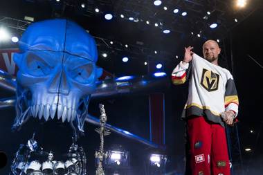 Ivan L. Moody, lead singer of Five Finger Death Punch and Las Vegas local, shows off his Vegas Golden Knights jersey during their performance at the Las Rageous music festival at the Downtown Las Vegas Events Center, Saturday, April 21, 2018.