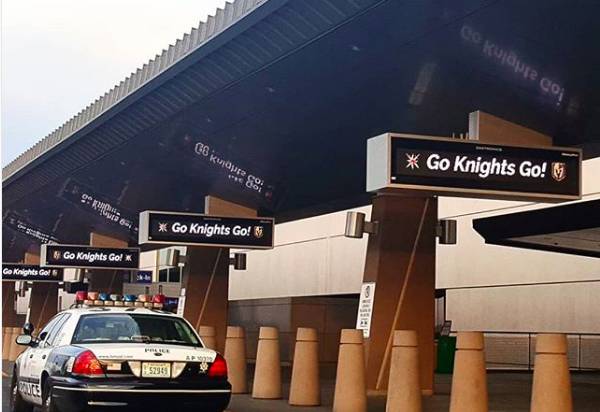 Departure signs at McCarran International Airport showcase the message “Go Knights Go.”
