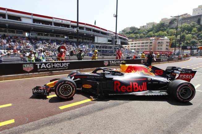 Red Bull driver Max Verstappen of the Netherlands steers his car in the pit lane during the third free practice at the Monaco racetrack, in Monaco, Saturday, May 26, 2018. The Formula one race will be held on Sunday.