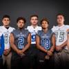 Members of the Green Valley High football team pose for a photo at the Las Vegas Sun's high school football media day Tuesday July 31, 2018 at the Red Rock Resort and Casino. They include, from left, Reyden Morett, Hunter Mecham, Julian Hulse, Mitch Jacobs, Kalyja Waialae, Will Bonkavich and Brant Hershberger.