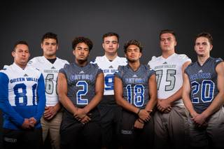 Members of the Green Valley High football team pose for a photo at the Las Vegas Sun's high school football media day Tuesday July 31, 2018 at the Red Rock Resort and Casino. They include, from left, Reyden Morett, Hunter Mecham, Julian Hulse, Mitch Jacobs, Kalyja Waialae, Will Bonkavich and Brant Hershberger.
