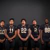 Members of the Faith Lutheran High football team pose for a photo at the Las Vegas Sun's high school football media day Tuesday July 31, 2018 at the Red Rock Resort and Casino. They include, from left, Keagan Touchstone, Taimani McKenzie, Ma'a Gaoteote, Hunter Kaupiko, Nate Meredith, David "DJ" Heckard and Sagan Gronauer.