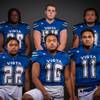 Members of the Sierra Vista High football team pose for a photo at the Las Vegas Sun's high school football media day Tuesday July 31, 2018 at the Red Rock Resort and Casino. They include, top row, Bryan Lagrange, Cole Foss, Austin Schmit. Bottom row, Josiah Antolin, Tristin Jimenez and Jordan "Polo" Solomon.