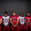 Members of the Valley High football team pose for a photo at the Las Vegas Sun's high school football media day Tuesday July 31, 2018 at the Red Rock Resort and Casino. They include, from left, Jayden Freiburger, Seth Jarrett, Alexander Gomez, Trayvion Mack, Bryce Jones and Guillermo Ramirez.