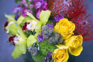 A marijuana bud is shown in a bouquet of flowers during a ceremony at the Cannabition Cannabis Museum, under construction at Neonopolis, in downtown Las Vegas Thursday, Aug. 30, 2018.