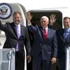 Vice President Mike Pence, center, is accompanied by Sen. Dean Heller, left, R-Nev, and Nevada Attorney General Adam Laxalt, Republican candidate for Nevada governor, after arriving at Nellis Air Force Base in Las Vegas Friday, Sept. 7, 2018.