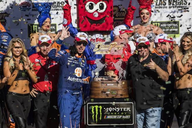 Brad Keselowski celebrates on Victory Lane after winning the NASCAR South Point 400 on Sunday Sept. 16, 2018 at Las Vegas Motor Speedway. The 267-lap race will be the first in the 2018 Monster Energy NASCAR Cup Series Playoffs.