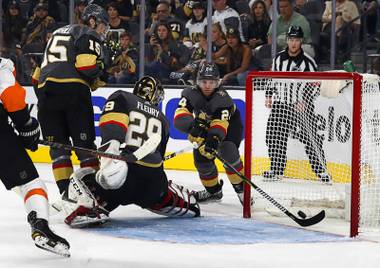 Vegas Golden Knights center Oscar Lindberg (24) defends the goal in the first period during the Knights’ season opener against the Philadelphia Flyers at T-Mobile Arena Thursday, Oct. 4, 2018.