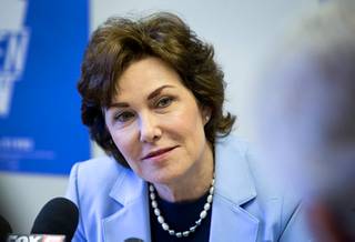 Sen. Jacky Rosen, D-Nev., listens to a question during a news conference at the Nevada State Democratic Party headquarters in Las Vegas Friday, Nov. 9, 2018.