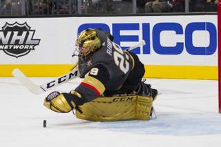 Marc-Andre Fleury makes a save in the first period of the Golden Knights' game against Anaheim at T-Mobile Arena, Wed. Nov. 14, 2018.
