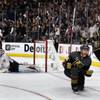 Vegas Golden Knights left wing Tomas Nosek (92) and Ryan Reaves (75) celebrate a goal in the third period during Game 1 of the NHL Stanley Cup Finals at T-Mobile Arena Monday, May 28, 2018.