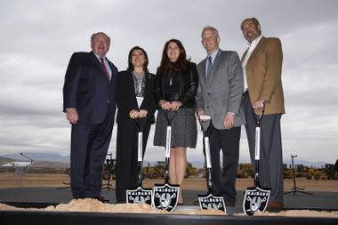 Henderson Mayor Debra March, center, poses for a photo during a groundbreaking ceremony at the location for the new Raiders headquarters in Henderson, Monday, Jan. 14, 2019.