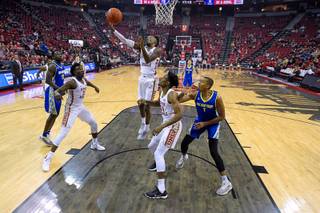 UNLV Rebels guard Kris Clyburn (1) pulls down a defensive rebound against the San Jose State Spartans during their Mountain West Conference basketball game Saturday, January 19, 2019, at the Thomas & Mack Center in Las Vegas. UNLV won the game 94-56.