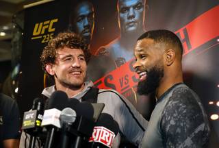 Ben Askren, left, and Tyron Woodley talk to reporters during open workouts for UFC 235 at the MGM Grand Thursday, Feb. 28, 2019. UFC 235 takes place at T-Mobile Arena on Saturday.