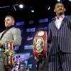 WBC and WBA middleweight world champion Canelo Alvarez, left, and IBF middleweight world champion Daniel Jacobs, right, are shown at a pre-fight press conference Wednesday, Feb. 27, 2019, in New York. Alvarez and Jacobs meet in a 12-round unification bout in Las Vegas on Saturday.