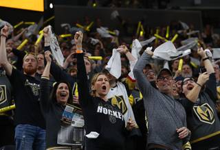 Vegas Golden Knights fans celebrate the Golden Knight's 6-3 victory over the San Jose Sharks in Game 3 of an NHL hockey first-round playoff series at T-Mobile Arena Sunday, April 14, 2019.