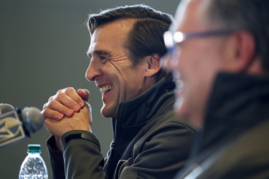 George McPhee, left, president of hockey operations with the Las Vegas Golden Knights, speaks at a news conference with general manager Kelly McCrimmon, right, Thursday, May 2, 2019, in Las Vegas.