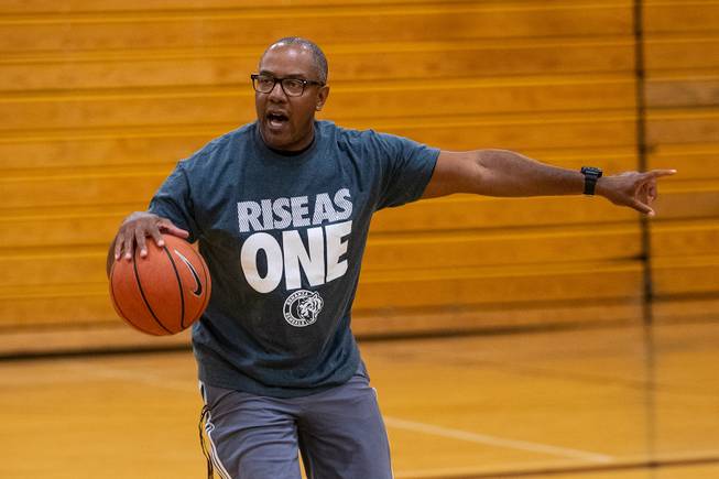 Coach Kevin Soares trains his players during practice at Bonanza High School, Tuesday, May 7, 2019.