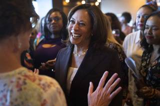 Democratic presidential candidate Sen. Kamala Harris talks with women during a meet and greet event at the Eclipse Theaters in downtown Las Vegas Friday, June 14, 2019.