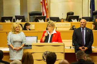From left, Councilwoman Michele Fiore, Mayor Carolyn Goodman and Councilman Starvros Anthony take part in the Oath of Office ceremony for newly elected council members at City Hall, Wed. July 3, 2019.