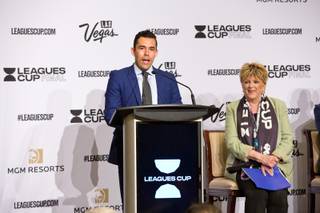 Retired American Soccer player Herculez Gomez speaks to a room of invited guests and media during a press conference at the Bellagio for the Leagues Cup Final, Thursday July 11, 2019.