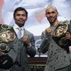 Manny Pacquiao, left, and Keith Thurman pose during a news conference Wednesday, July 17, 2019, in Las Vegas for their welterweight championship boxing match scheduled for Saturday in Las Vegas.