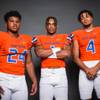 Bishop Gorman players are pictured during the Las Vegas Sun's high school football media day at the Red Rock Resort on July 24, 2019. They include, from left, Bryan Certain, Micah Bowens and Rome Odunze.