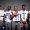 Members of the Canyon Springs High School football team are pictured during the Las Vegas Sun's high school football media day at the Red Rock Resort on July 24, 2019. They include, from left, Jerome-Tausulu Misaalefua, Tre'jon Hawkins, Martin Blake, Adrien Pidgeon and Javeion Davison.