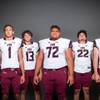 Members of the Faith Lutheran football team are pictured during the Las Vegas Sun's high school football media day at the Red Rock Resort on July 24, 2019. They include, from left, Julian Rohan, Noah Vernon, Keegan Bunn, Kanalu Shimizu, Hunter Kaupiko and Peyton Thornton.