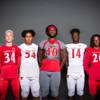 Members of the Arbor View High School football team are pictured during the Las Vegas Sun's high school football media day at the Red Rock Resort on July 24, 2019. They include, from left, Trent Whalen, Easton Jones, Tai Tuinei, Cory Hall, Rickey Jones, Rickie Davis and Zavier Alston.