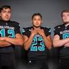 Members of the Silverado High School football team are pictured during the Las Vegas Sun's high school football media day at the Red Rock Resort on July 24, 2019. They include, from left, Jacob Mendez, Breven Palpallatoc and Brandon Powers.