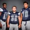 Members of the Shadow Ridge High School football team are pictured during the Las Vegas Sun's high school football media day at the Red Rock Resort on July 24, 2019. They include, from left, Josiah Nichols, Gino Vittori and Devin Kesi.