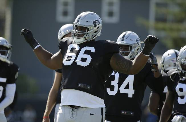 Oakland Raiders offensive guard Gabe Jackson during NFL football training camp Thursday, Aug. 8, 2019, in Napa, Calif. Both the Oakland Raiders and the Los Angeles Rams held a joint practice before their upcoming preseason game on Saturday. (AP Photo/Eric Risberg)