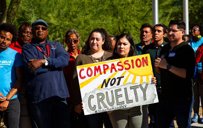 Homeless advocates protest a proposed city ordinance outside of Las Vegas City Hall on Wednesday, Oct. 2, 2019. The proposed ordinance would make homeless encampments illegal if beds are available through the city or nonprofit organizations. Miranda Alam/Special to the Sun