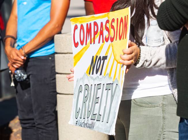 Homeless advocates protest a proposed city ordinance outside of Las Vegas City Hall on Wednesday, Oct. 2, 2019. The proposed ordinance would make homeless encampments illegal if beds are available through the city or nonprofit organizations. Miranda Alam/Special to the Sun
