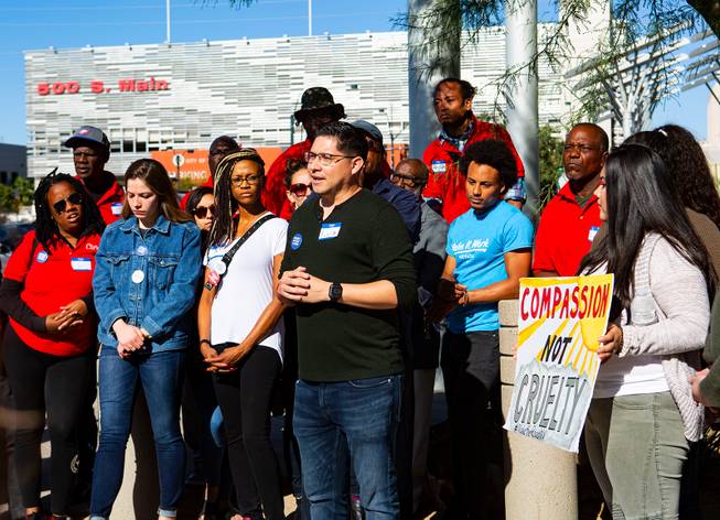 LaLo Montoya, political director of Make the Road Nevada, speaks during a protest in response to a proposed city ordinance outside of Las Vegas City Hall on Wednesday, Oct. 2, 2019. The proposed ordinance would make homeless encampments illegal if beds are available through the city or nonprofit organizations. Miranda Alam/Special to the Sun