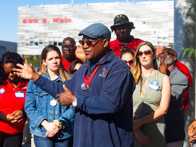 Thomas RandleEL, director of Straight From the Streets, speaks during a protest in response to a proposed city ordinance outside of Las Vegas City Hall on Wednesday, Oct. 2, 2019. The proposed ordinance would make homeless encampments illegal if beds are available through the city or nonprofit organizations. Miranda Alam/Special to the Sun