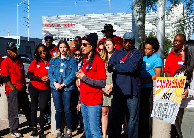 Merideth Spriggs, chief kindness officer for Caridad, speaks during a protest in response to a proposed city ordinance outside of Las Vegas City Hall on Wednesday, Oct. 2, 2019. The proposed ordinance would make homeless encampments illegal if beds are available through the city or nonprofit organizations. Miranda Alam/Special to the Sun