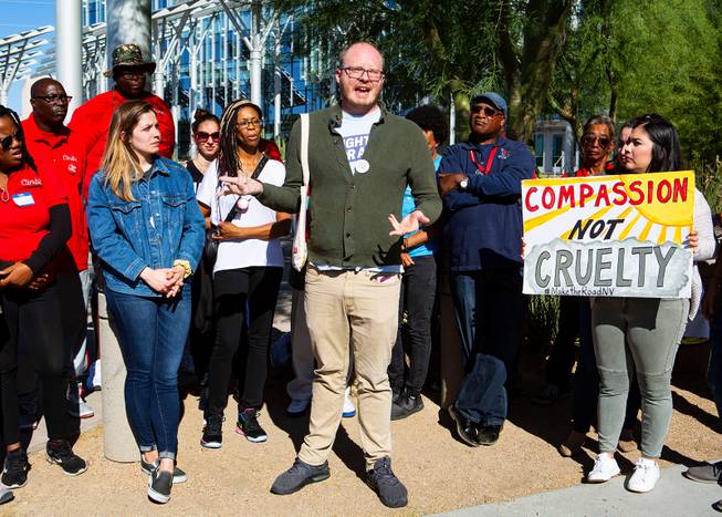Wesley Juhl, communications manager of the ACLU of Nevada, speaks during a protest in response to a proposed city ordinance outside of Las Vegas City Hall on Wednesday, Oct. 2, 2019. The proposed ordinance would make homeless encampments illegal if beds are available through the city or nonprofit organizations. Miranda Alam/Special to the Sun