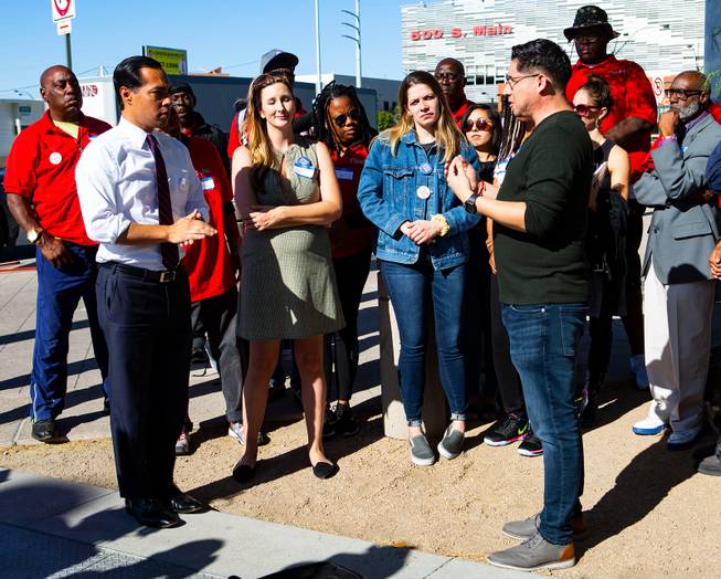 Former Housing and Urban Development Secretary and Democratic presidential candidate Julian Castro, left, is introduced by LaLo Montoya, political director of Make the Road Nevada, during a protest in response to a proposed city ordinance outside of Las Vegas City Hall on Wednesday, Oct. 2, 2019. The proposed ordinance would make homeless encampments illegal if beds are available through the city or nonprofit organizations. Miranda Alam/Special to the Sun